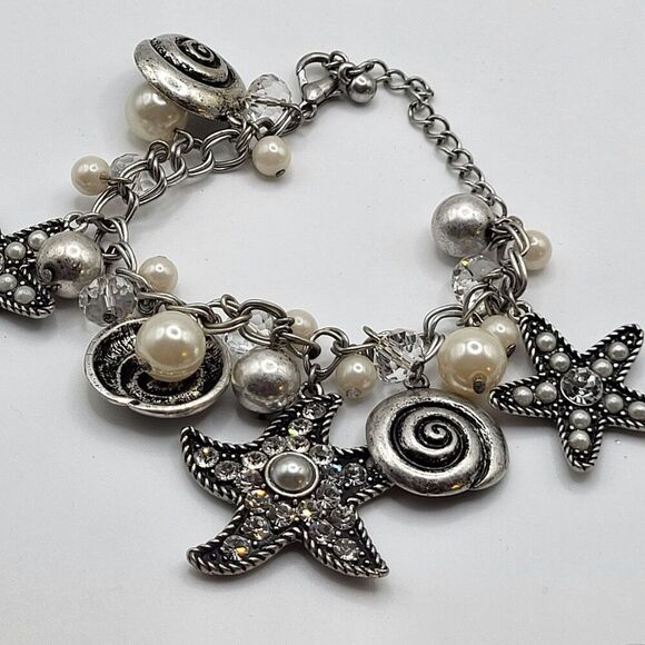 Bohemian Beach Chunky Starfish Simualted Pearl Charm Bracelet 8.5in - Picture 3 of 3